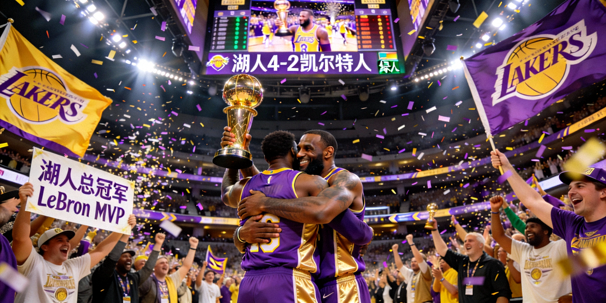 NBA总决赛现场盛况，球迷欢呼庆祝湖人队夺冠时刻
