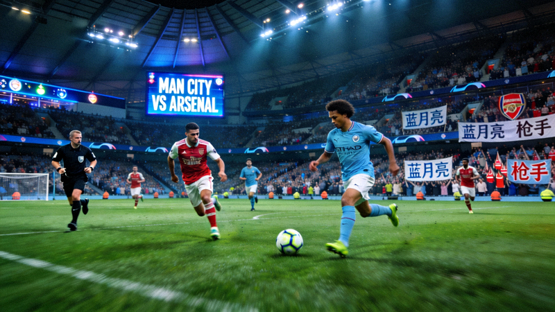 英超足球比赛直播画面，曼城与阿森纳在绿茵场上角逐